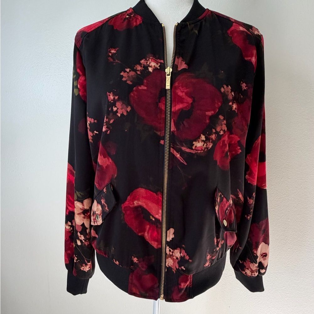 Susan Graver Bomber Jacket Size S Black Red Floral Fully Lined  Zip Up Gold Zip